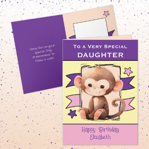 Carte Enfants singe fille spéciale violet anniversaire
