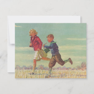Carte Enfants vintage courant à l'école portant des livr