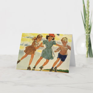 Carte Enfants vintages, Garçons Fun Roller Patinage