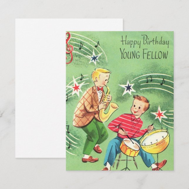 Carte Enfants vintages Jouer Instruments Anniversaire (Devant / Derrière)