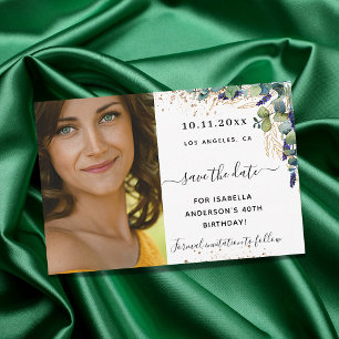 Carte Enregistrer la date anniversaire eucalyptus photo