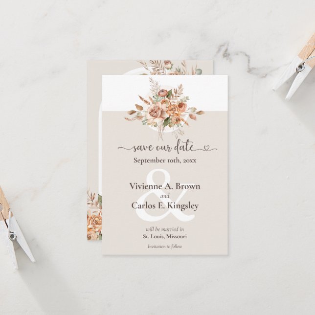Carte Enregistrer La Date Lumière Terre Tone Boho Floral (Devant/Arrière en situation)