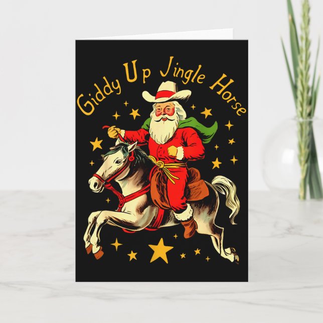 Carte Envolez-vous Cheval à grelots Drôle Rétro Père Noë (Devant)