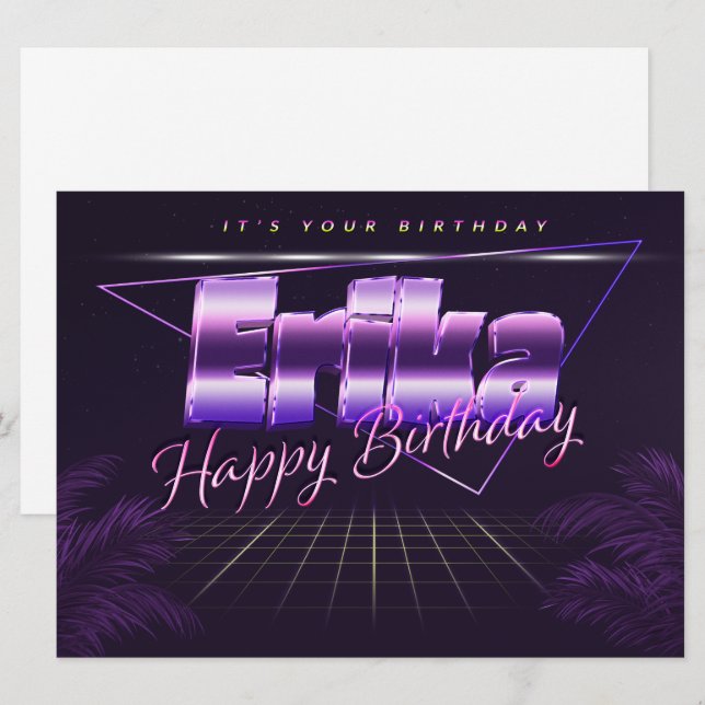 Carte Erika Name Prénom lila retro Map Anniversaire (Devant / Derrière)