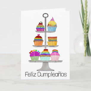 Carte Espagnol Anniversaire Rainbow couleur cupcakes Car