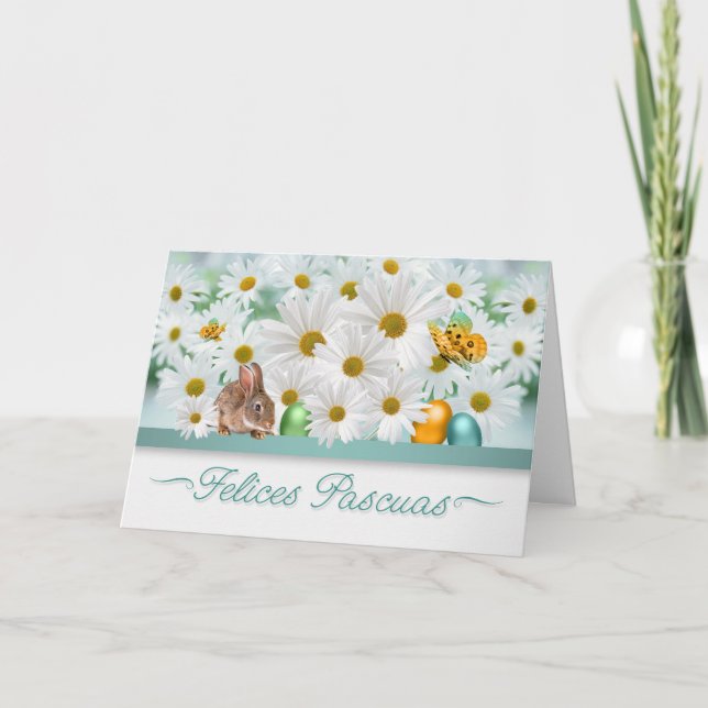 Carte Espagnol Pâques Daisy Jardin lapin et oeufs (Devant)