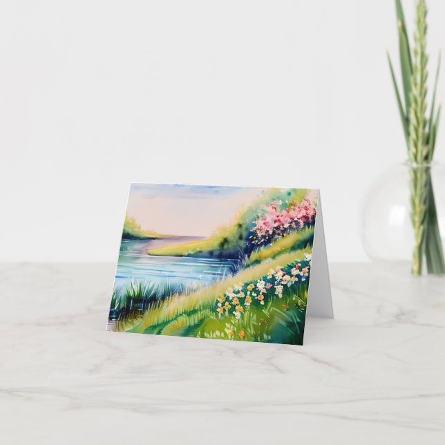 Carte étang aquarelle et fleurs personnalisables (Devant)