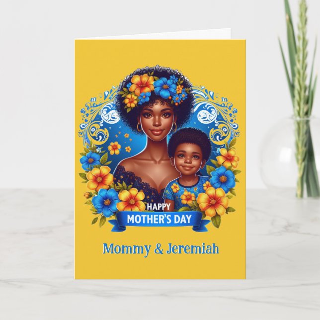 Carte Ethnic Mom & Son Blue/Yellow Happy Mother's Day (Devant)