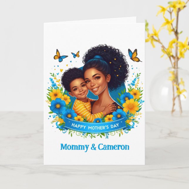 Carte Ethnic Mom & Son Blue/Yellow Happy Mother's Day (Fleur jaune)