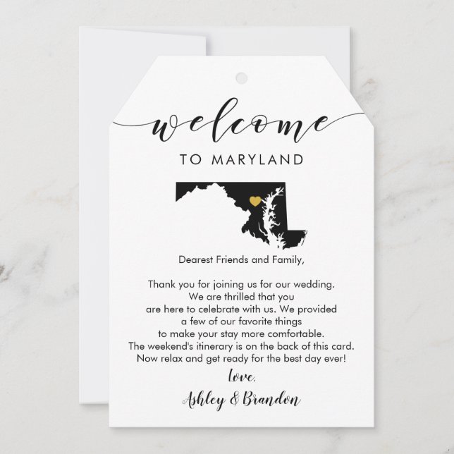 Carte Étiquette de bienvenue du Mariage du Maryland, let (Devant)