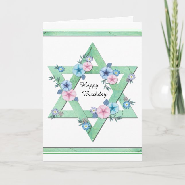Carte Etoile verte de David aux fleurs bleues et roses (Devant)