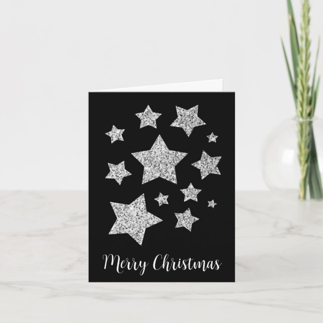 Carte Étoiles étincelantes Noël argent sur noir (Devant)