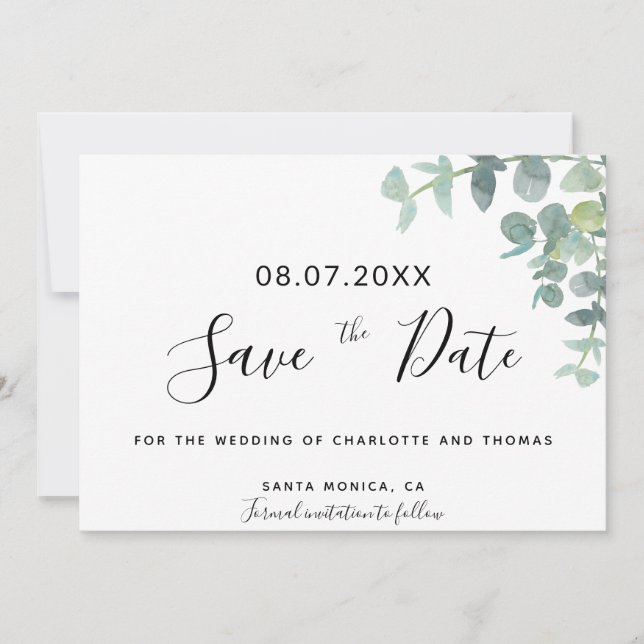 Carte Eucaluptus script mariage enregistrer la date (Devant)