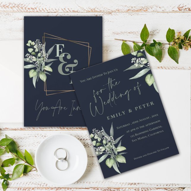 Carte Eucalyptus Feuille Monogramme Mariage luxueux de v (Créateur téléchargé)