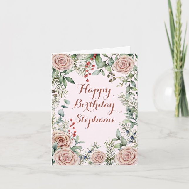 Carte Eucalyptus rose Rose antique aquarelle (Devant)