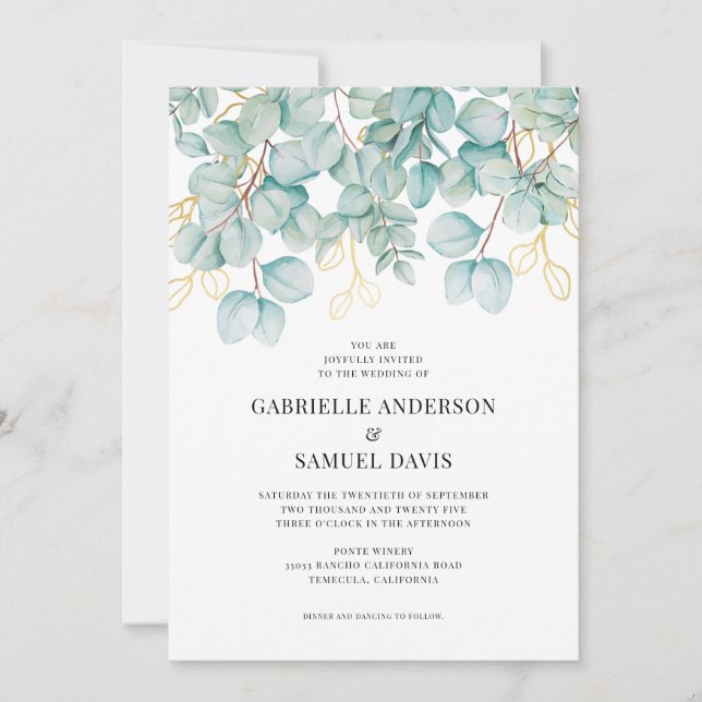 Carte Eucalyptus Turquoise et Gold Greenery Mariage Invi (Devant)