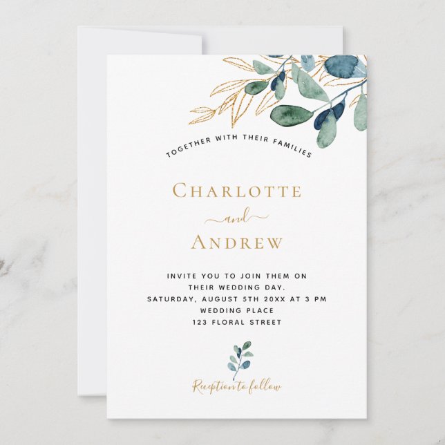 Carte Eucalyptus verdure or élégant mariage (Devant)