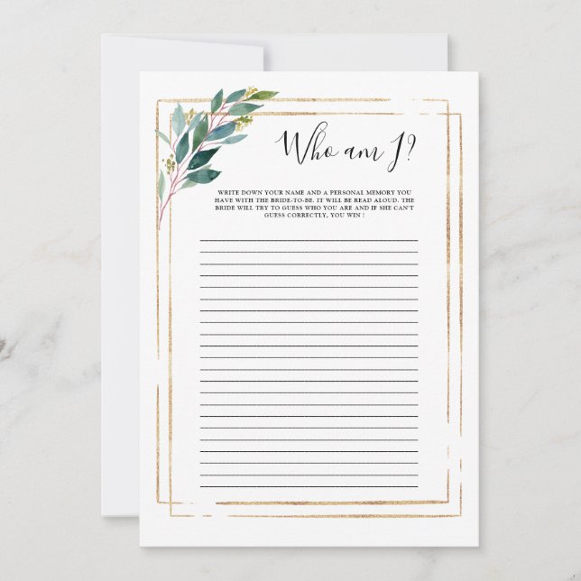 Carte Eucalyptus vert qui suis je jeu de Fête des mariée (Devant)