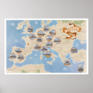 Carte Europe avec villes vintages - Poster Papier