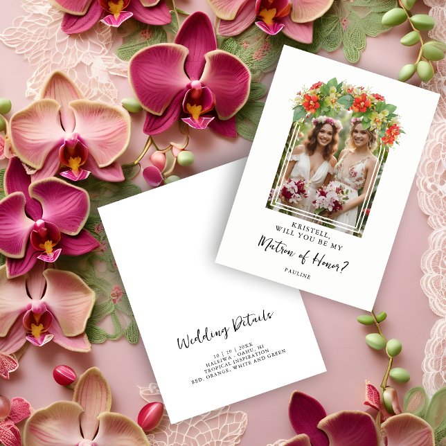 Carte Exquisite Chic Botanical Arch Photo Matron Honor (Exquisite Chic Botanical Exotic Flowers Arch Frame Photo Wedding Matron of Honor Proposal Card.)