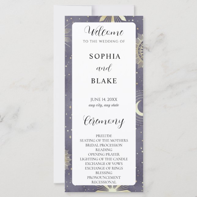 Carte Faded Blue and Gold Celestial Wedding Program (Devant)