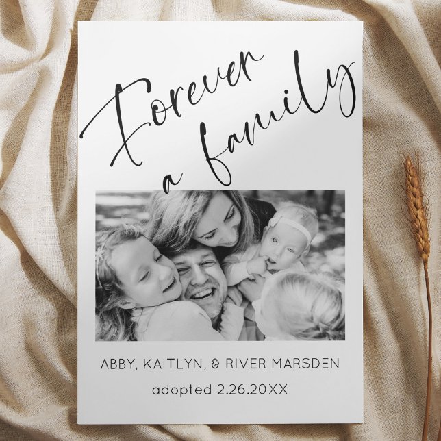 Carte Faire-part d'adoption photo "Forever Family" ("Forever a Family" Child adoption announcement card black and white script photo modern simple )