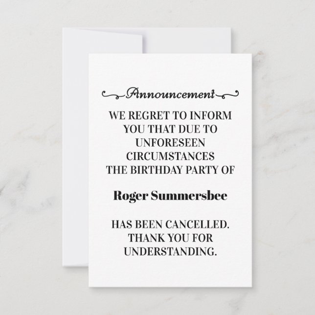 Carte Faire-part d'annulation de fête d'anniversai (Devant)