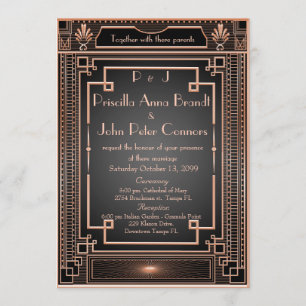 Carte faire-part de mariage, Art Déco, noir, or ro
