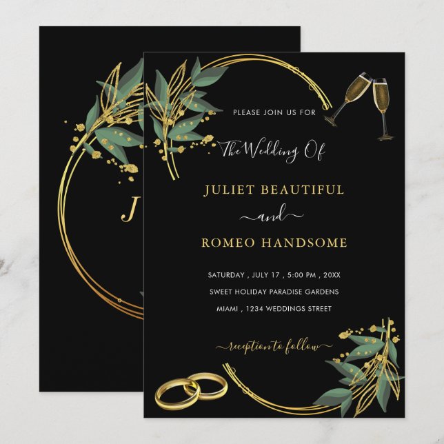 Carte Faire-part de mariage Black Gold Design élég (Devant / Derrière)