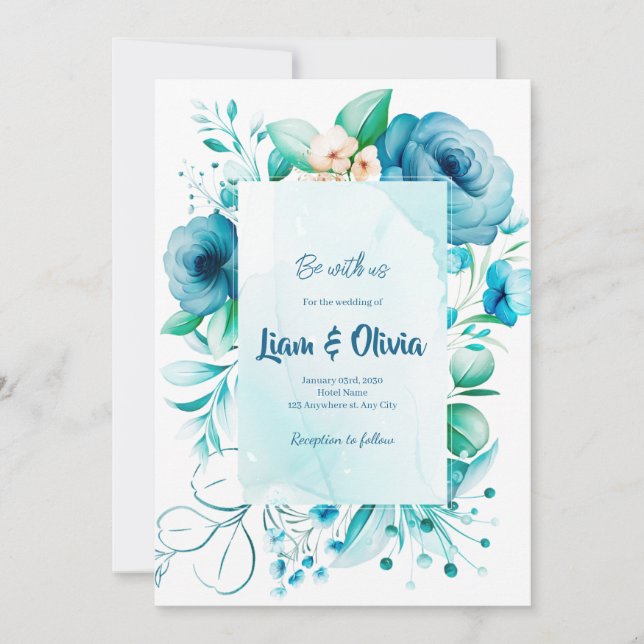 Carte Faire-part de mariage bleue d'aquarelle Flor (Devant)