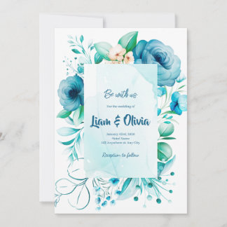 Carte Faire-part de mariage bleue d'aquarelle Flor