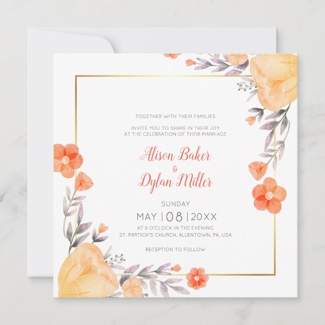 Carte Faire-part de mariage Florale Orange (Devant)