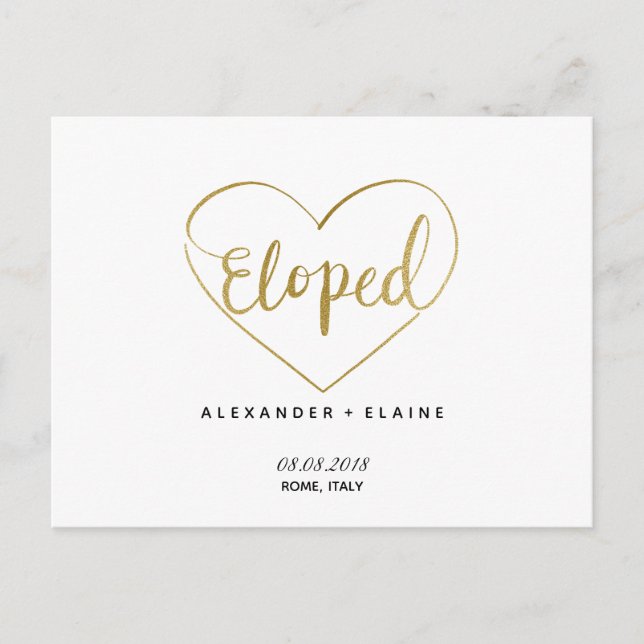 Carte Faire-part de mariage Gold Heart Eloped Text (Devant)