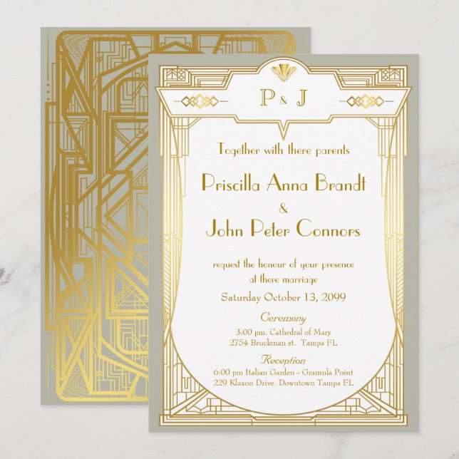 Carte Faire-part de mariage,Grand Gatsby,gris or (Devant / Derrière)