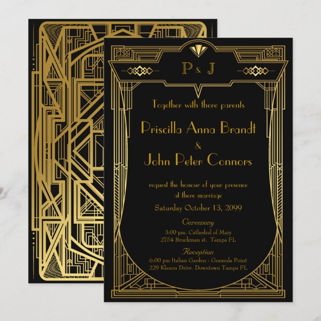 Carte Faire-part de mariage,Grand Gatsby,or noir 2 (Devant / Derrière)