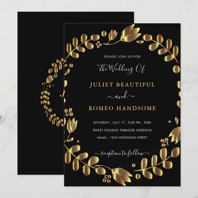Carte Faire-part de mariage noire Gold Tulip (Devant / Derrière)