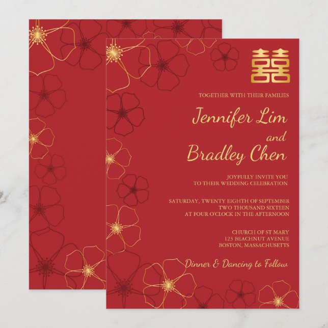 Carte Faire-part de mariage Red & Gold Cherry Blos (Devant / Derrière)