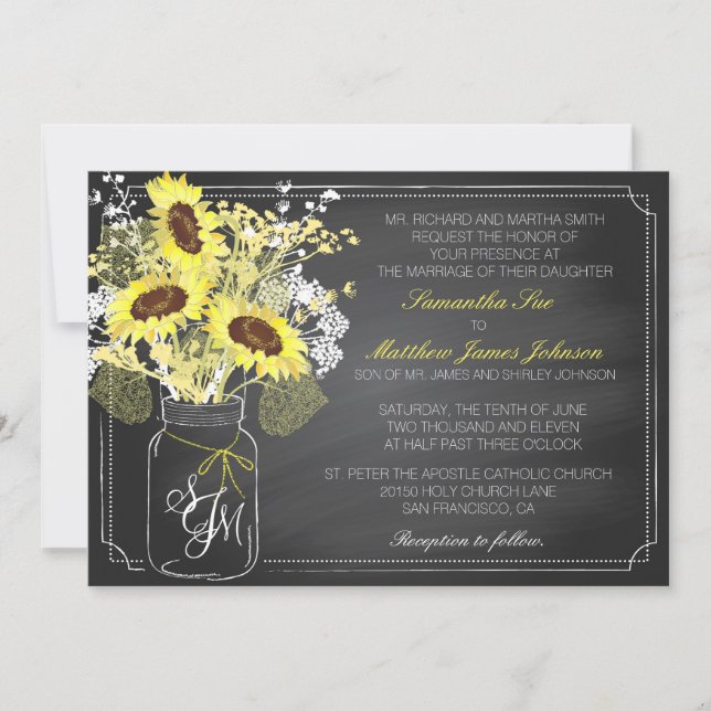 Carte Faire-part de mariage Sunflower et Chalkboar (Devant)