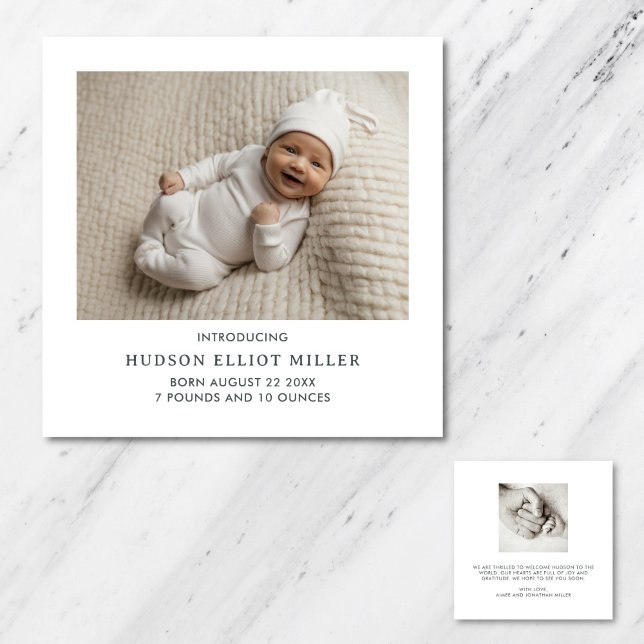 Carte faire-part de naissance minimaliste moderne  (Minimalist square birth announcement card)