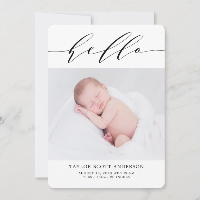 Carte Faire-part de naissance photo Hello Script m (Devant)