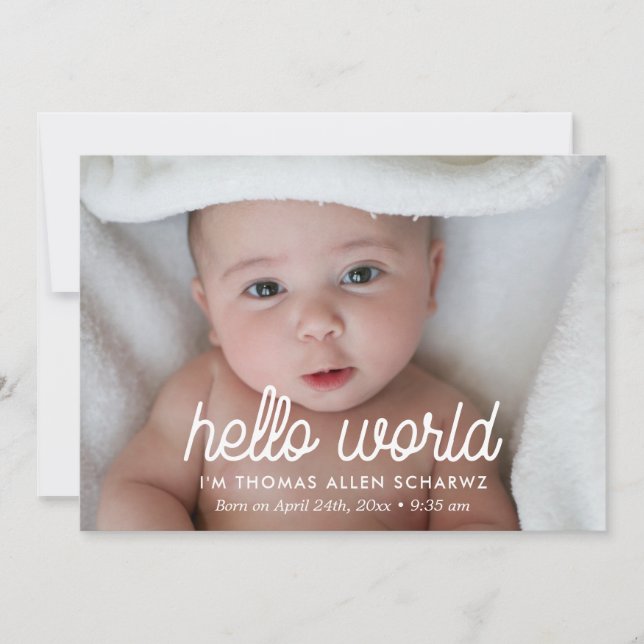 Carte faire-part de naissance photo Hello world (Devant)