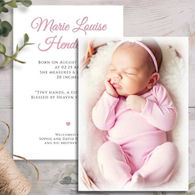 Carte Faire-part de naissance photo pour fille ros (Pink Baby Girl Photo Birth Announcement Card)