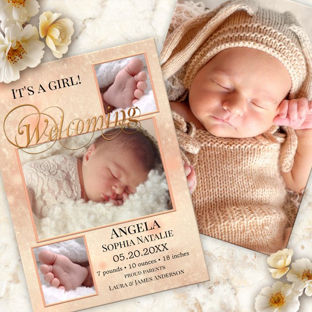 Carte Faire-part de naissance pour fille bébé étin (Baby birth announcement card with your photos on a sparkling peach design with script text)