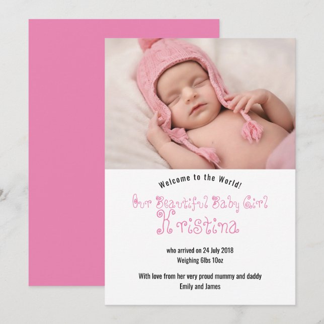 Carte Faire-part photo de fille de bienvenue (Devant / Derrière)