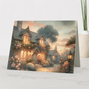 Carte Fairytale Cottage au coucher du soleil avec Rose