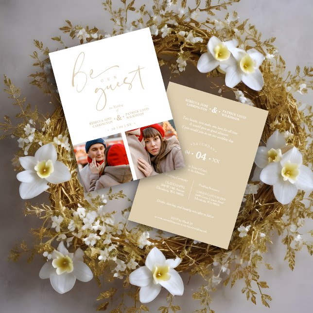 Carte Fake Gold Romantic Collage 2 Photos Be Our Guest  (Collage 2 Photos Be Our Guest Romantic Wedding Fake Golden Wedding Invitation Card with Envelope.)