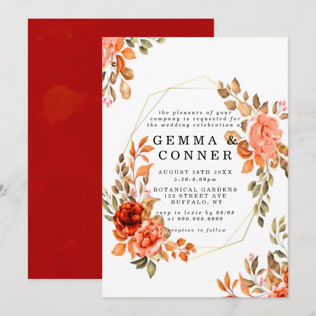 Carte Fall Dark Red Orange Floral Gold Wedding Invite (Devant / Derrière)