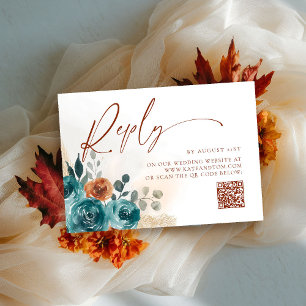 Carte Fall in Love Turquoise Burnt Orange Boho QR Reply 