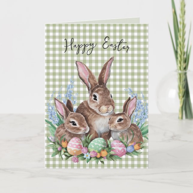 Carte Famille Bunny Pâques En vichy (Devant)