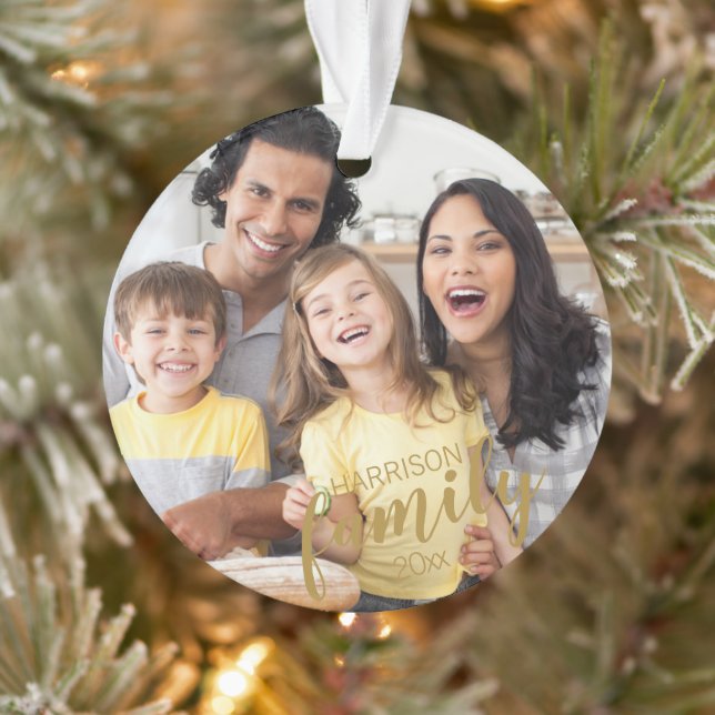 Carte FAMILLE Gold Script 2 Photo Keepsaké Ornamen (Arbre)